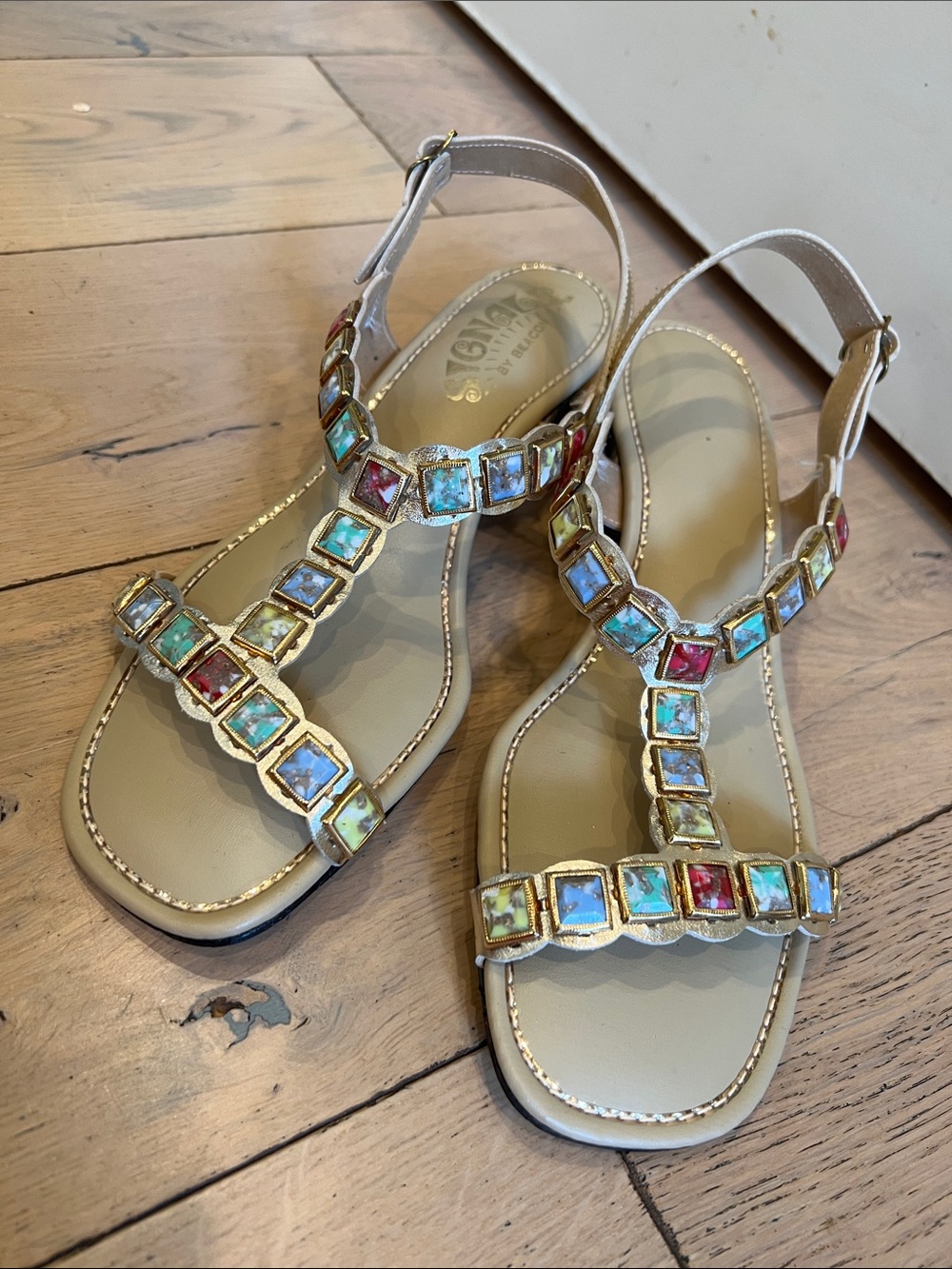 Signals by beacon vintage  T-Strap Sandals - Multicolor Gold with bead design